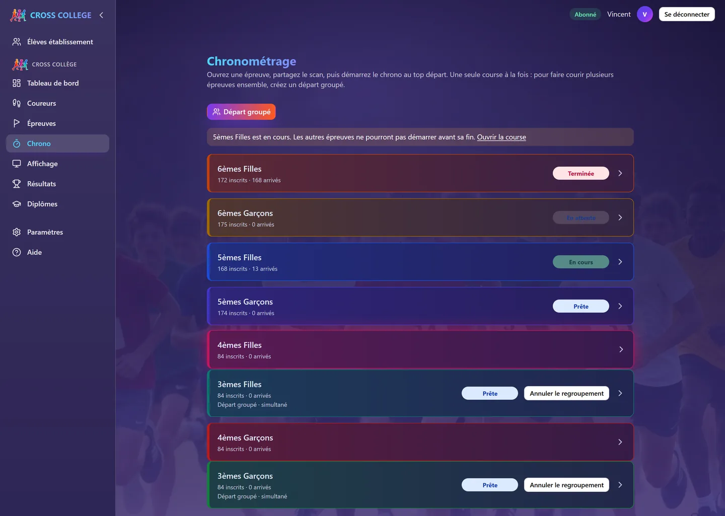 Page Chronométrage : une carte par épreuve avec son état, deux départs groupés préparés.