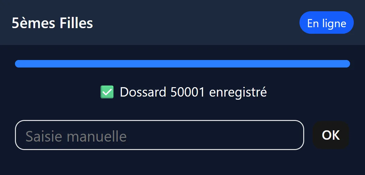 Écran du scanneur sur téléphone : « Dossard 50001 enregistré ».